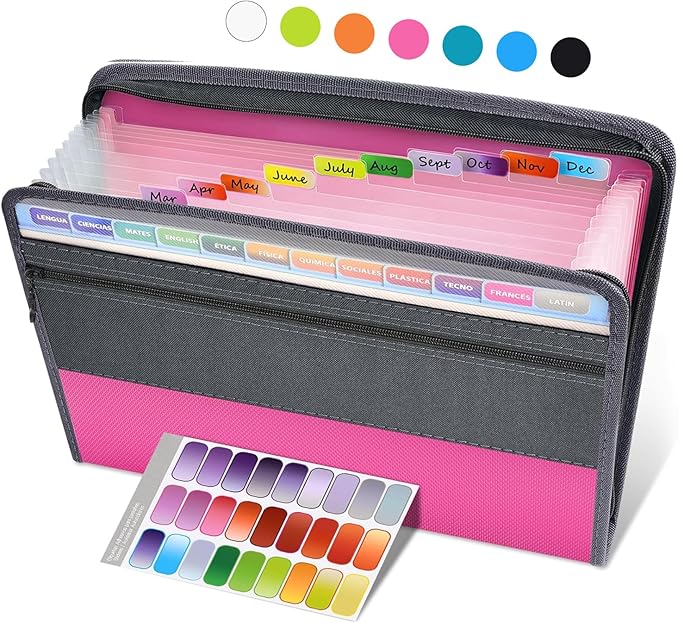 Sooez Accordion File Organizer with Safe Zipper, 12 Pocket Expanding File Folder with Front Pencil Pouch, Portable Monthly Paper Bill Tax Receipt Organizer, School Office Supplies, Letter Size, Pink