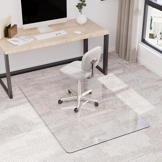 Homsion 32" x 48" Tempered Glass Office Chair Mat for Carpet & Hardwood Floor, 1/6" Thick Clear Floor Protector Desk Chair Mat with Rounded and Polished Edges