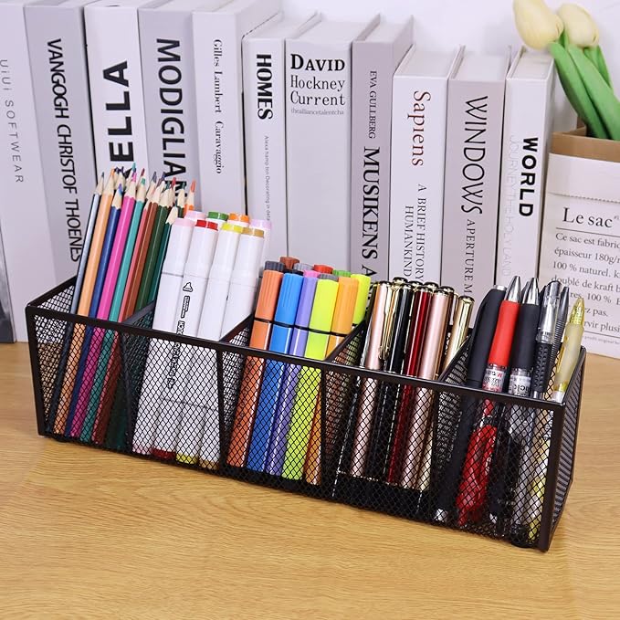 Black Mesh Pen Pencil Holder, Small Metal Desk Organizer Desktop Stationery Office Supplies Acessories Storage Stand, 5 Compartments Brushes Holder for Home School Classroom Teachers
