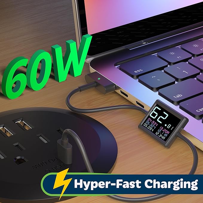 TOPGREENER Desktop Power Grommet with 65W PD Fast Charging USB C, GaN Desk Grommet for MacBook, 2 USB-A Ports and Duplex Receptacles, 3” Diameter Power Grommet, TTRP48APD60-BK, Black
