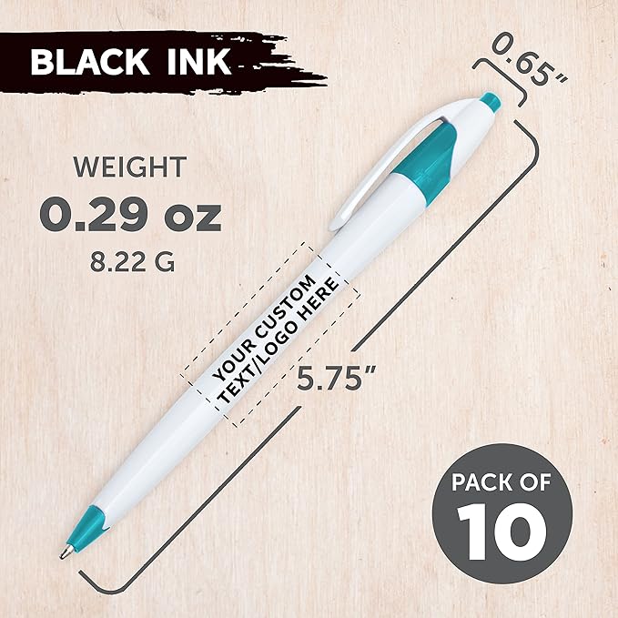 DISCOUNT PROMOS Custom Slim Curvy Ballpoint Pens Set of 10, Personalized Bulk Pack - Black Ink, Retractable, Great for Office, School, Tradeshows - Teal