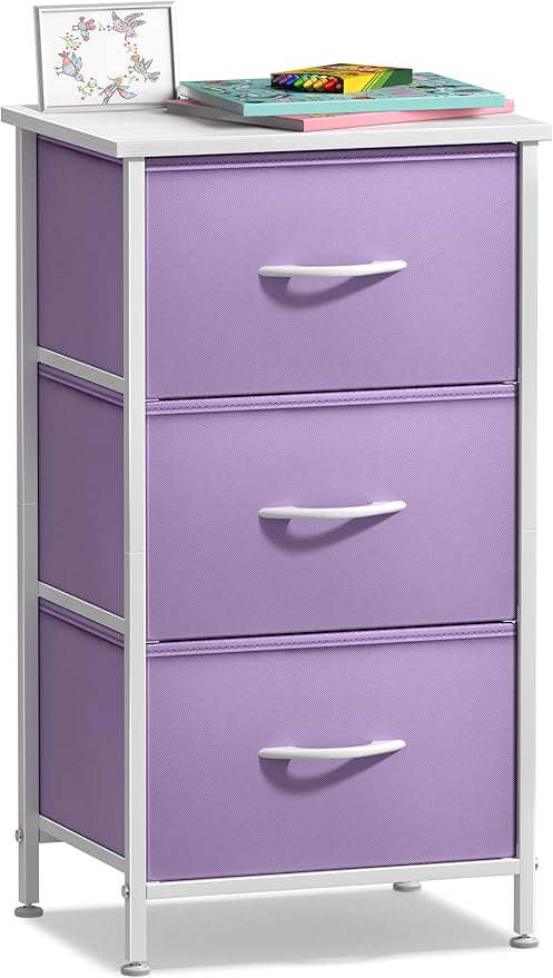 Sorbus Nightstand with 3 Drawers - Bedside Furniture & Accent End Table Chest for Home, Bedroom Accessories, Office, College Dorm, Steel Frame, Wood Top, Pastel Fabric Bins (Purple)