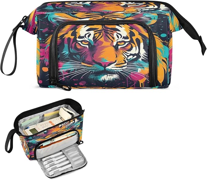 Tigers Colorful Pencil Case Pouch Big Capacity Pencil Bag Box Organizer Pen Case with Handle Stationery Organizer for Girls Boys Adults Women School Office