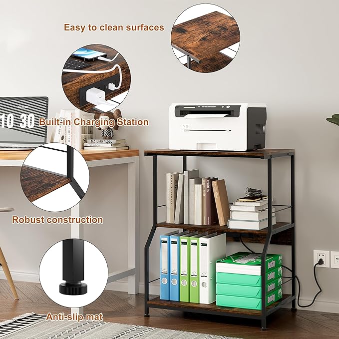 23.62 x 18.9” Large Printer Stand with Locking Wheels, 3 Tier Printer Table with Storage, Rolling Cart Station for Home Office Kitchen, Rustic Brown