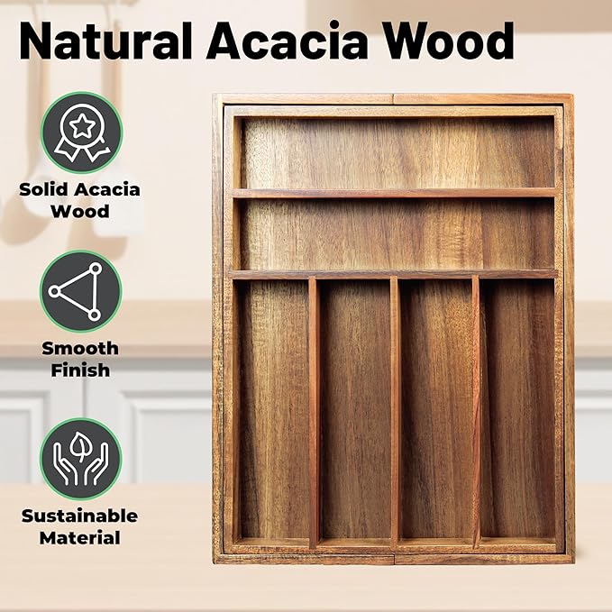 Acacia Wood Expandable Silverware Organizer, Kitchen Utensil Drawer Organizer for Forks & Spoons, 8-Compartment Cutlery Tray, Flatware Holder