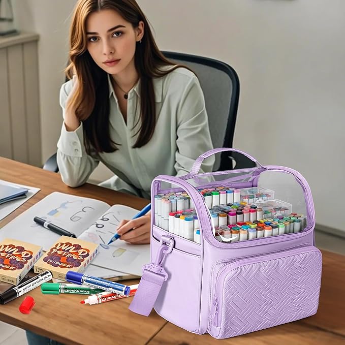 Large Marker Organizer Case for 180 Markers, Marker Storage Bag for Markers, Paint Brushes, Colored Pencils or Other Art Supplies with Dividers and Shoulder Strap (Purple)