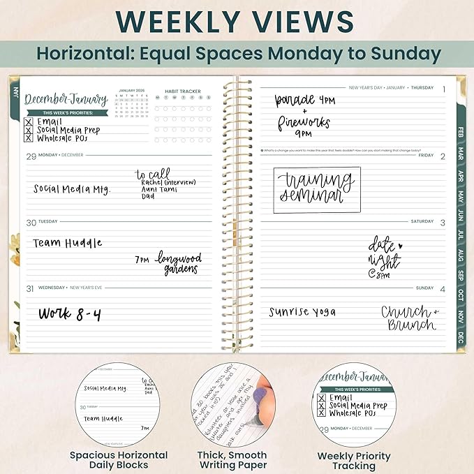 bloom daily planners HARDCOVER 2026 Planner (January to December) - 8.5” x 11” Weekly & Monthly Dated Agenda Organizer Book with Stickers & Tabs - Beige Bouquet