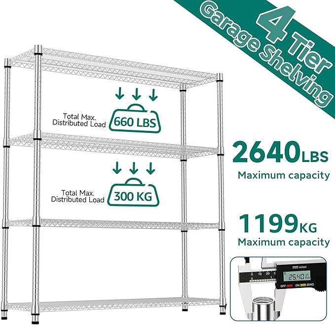 4 Tiers Shelf 2640 lbs Steel Storage Shelving Utility Shelving Unit Steel Organizer Wire Rack for Home,Kitchen,Office,Garage Chrome 17.7" D x 47.2" W x 70.3" H