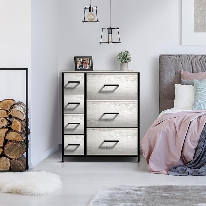 Sorbus Dresser with 7 Faux Wood Drawers - Storage Unit Organizer Chest for Clothes - Bedroom, Hallway, Living Room, Closet, & Dorm Furniture - Steel Frame, Wood Top, & Easy Pull Fabric Bins
