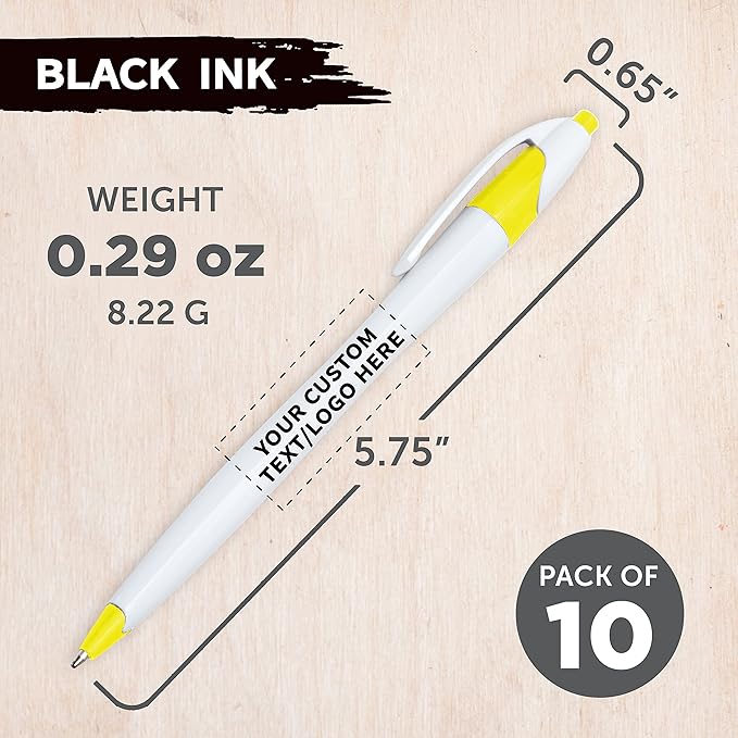 DISCOUNT PROMOS Custom Slim Curvy Ballpoint Pens Set of 10, Personalized Bulk Pack - Black Ink, Retractable, Great for Office, School, Tradeshows - Yellow