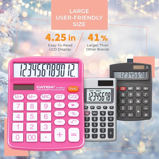 CATIGA Desktop Calculator (2 Pack) 12 Digit with Large LCD Display and Sensitive Button, Solar and Battery Dual Power, Standard Function for Office, Home, School, CD-2786 (Blue/Pink)