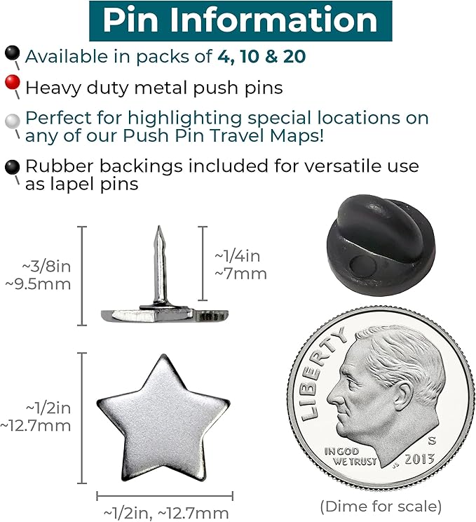 Big Star Push Pins - Silver Star Pins - for Cork Board, Maps, or Lapel Pin Use - Designed in USA - Set of 20