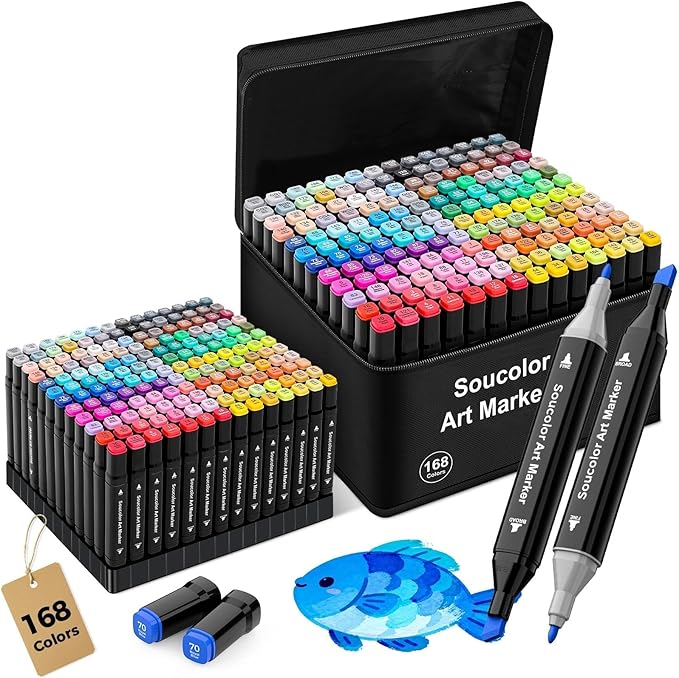 Soucolor Alcohol Markers 168 Colors with Case & Holders, Dual Tips Chisel & Fine Art Markers for Adult Coloring Kids Drawing, Artist Markers Art Supplies for Blending Sketching