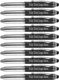 Promotional Pens with your Personalized Text or Custom Business Logo- Bulk 150 Pack- for Marketing, Parties, and Events, 3 in 1 LED Flashlight + Ballpoint Pen + Stylus for Touchscreen Devices, Black