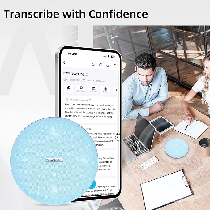 AISPEECH Bluetooth Conference Speakerphone M4 with AI Noise Reduction, AI Summaries, AI Transcription with 60-Language Support, 13FT 360° Voice Pickup,10-Hour Battery Life for Zoom and Teams, Blue