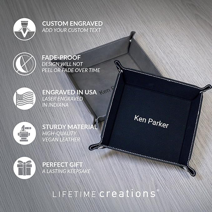 Lifetime Creations Personalized Valet Tray (Gray) - Custom Engraved Vegan Leather Snap Catchall, Gifts for Groomsmen