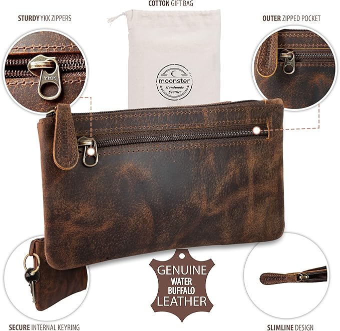 Moonster Leather Pencil Case Pouch 8" x 4" - Leather Pen Case with Zipper