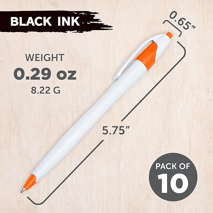 DISCOUNT PROMOS Slim Curvy Ballpoint Pens Set of 10, Bulk Pack - Black Ink, Retractable, Great for Office, School, Tradeshows - Orange