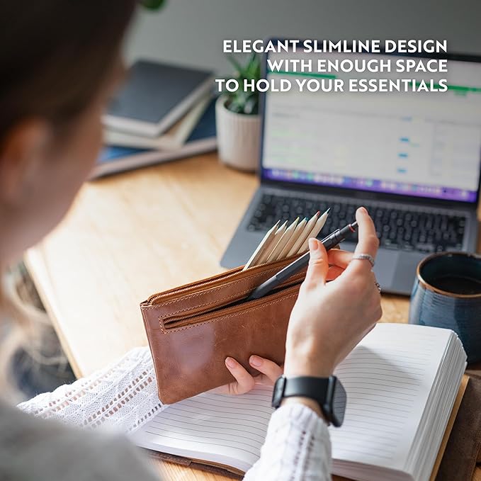 Moonster Leather Pencil Case Pouch 8" x 4" - Leather Pen Case with Zipper