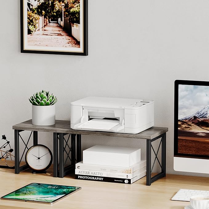 Honiter Desk Shelf for Top of Desk, Wood Desktop Shelf, 2 Tier Adjustable Bookshelf Organizer, Freestanding Stackable Desk Stand Storage Organizers Kitchen Counter Display Rack