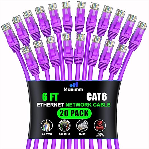 Maximm Cat 6 Ethernet Cable 6 ft (20-Pack) - High-Speed LAN Cable, Internet Cable, Patch Cable, and Network Cable - UTP, 10Gbps, 550MHz Ethernet Cord - Purple