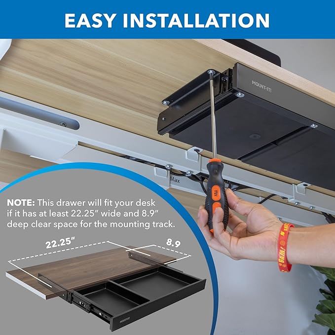 Mount-It! Under Desk Storage Drawer - Shallow Under Desk Drawer Organizer - Standing Workstation Storage Attachment - 20.7" Width Under Table Counter Pull Out Compartment - Black