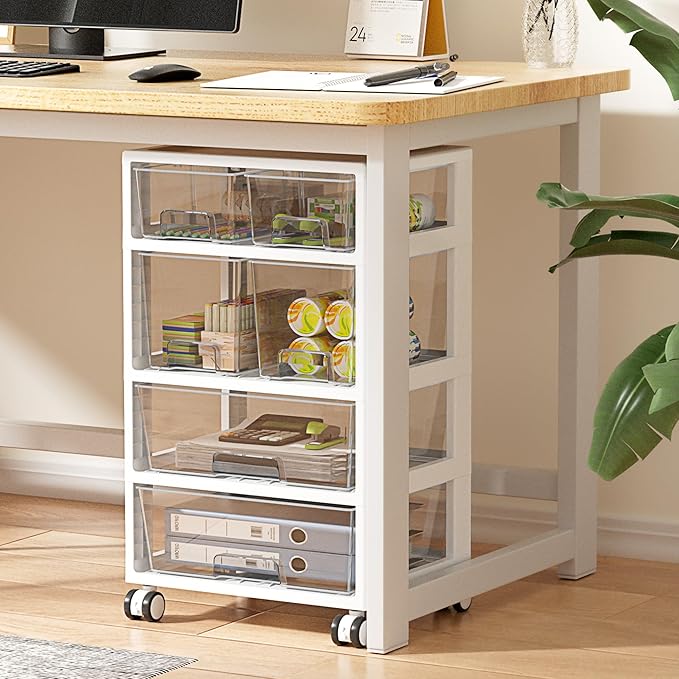 Vtopmart Plastic Drawer Storage Orangizer, 4 Tier 6 Drawers with Wheels for Office Supplies, Art Crafts, Under Desk Storage for Office, Bathroom, Dresser, 1 Pack/Clear