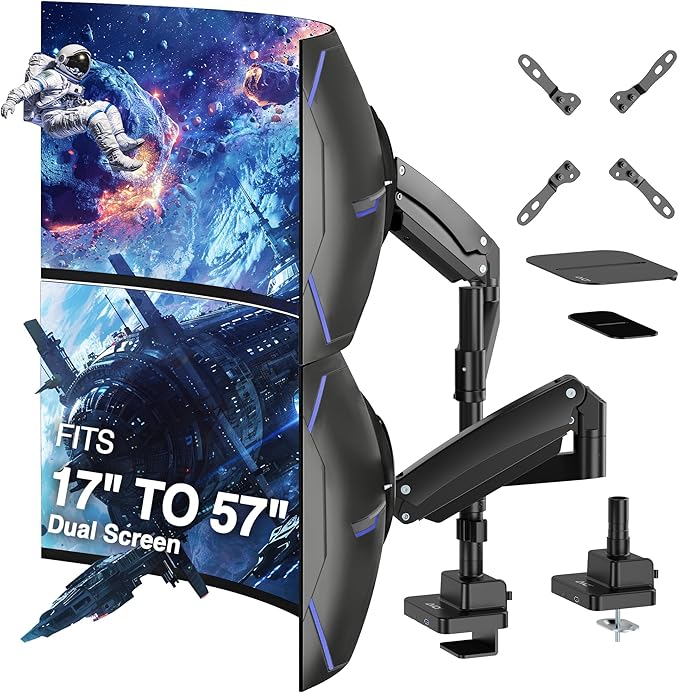 AVLT Dual 57 Inch Heavy Duty Stacking Monitor Arm Pole Top Mount With USB-C USB-A Ports-Black, Height Adjustable, Easy Install Top C-Clamp/Grommet With Reinforcement Plates, VESA Compatible 200/100/75