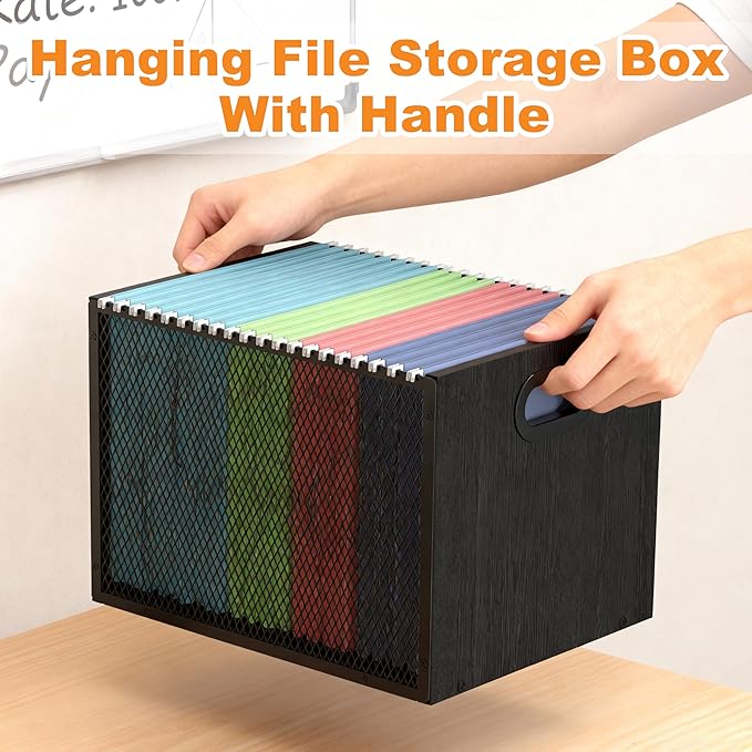 Piskyet Wooden Hanging File Organizer for desk, Metal Mesh File Folder Organizer Crate Cabinet Storage Box with Handle for Home Office Desk,Letter - Size,Black