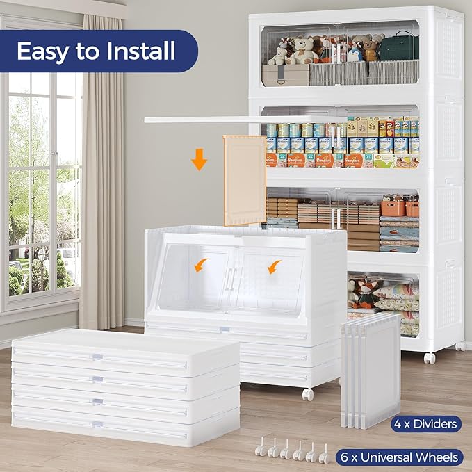160GAL Storage Bins with Lid and Wheels, Stackable Closet Organizers and Storage Drawer, Collapsible Storage Box with Dividers, Foldable Plastic Cabinets for Room, Kitchen, 4 Pack White