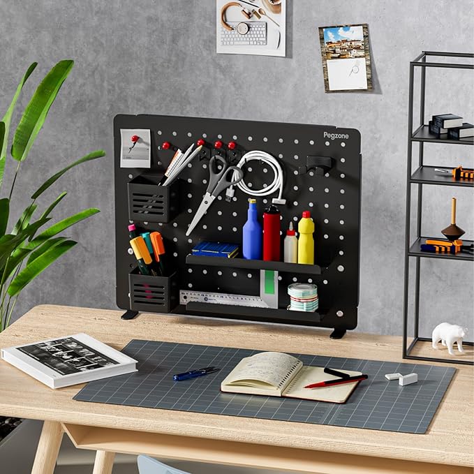 PEGZONE Clamp-on Desk Pegboard, Desk Organizer for Office Gaming Home, Magnetic Metal Peg Board with 15 Accessories, Privacy Panel for Office, 20.4" x 16.5", Large, Black