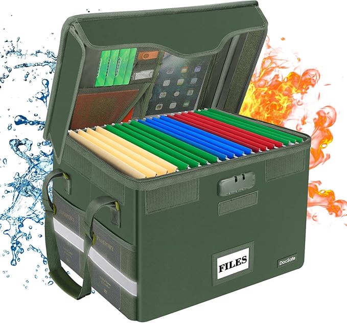 DocSafe Fireproof Document Box with Lock,File Storage Organizer with Mesh Pockets＆Lid,Collapsible Portable File Box Home Office Safe Filing Cabinet with Handle for Hanging Letter/Legal Folder,Green