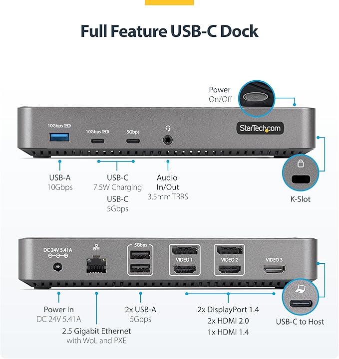 StarTech.com USB-C Triple Monitor Docking Station for MacBook Pro / Air M1 M2 M3 M4 & Windows, Universal 4K HDMI DP Dock, Thunderbolt Compatible, 100W Laptop Charging