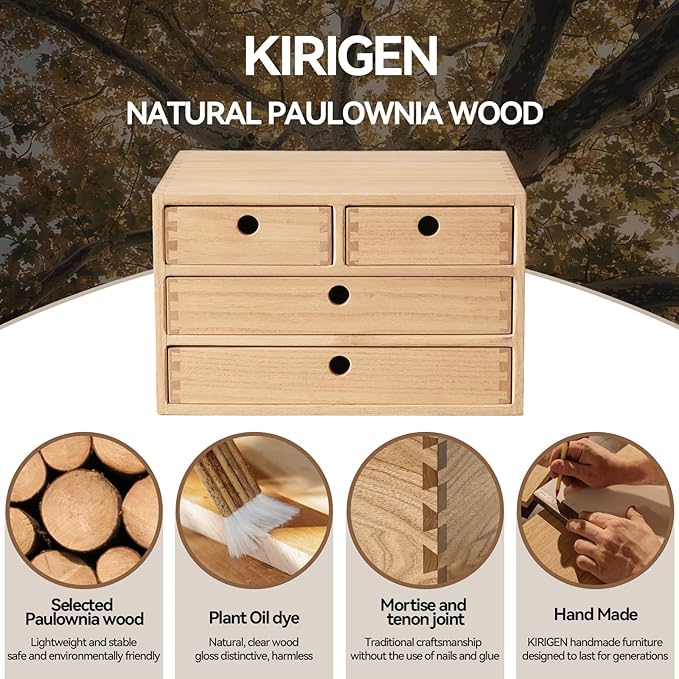 Kirigen Natural Wood Desktop Organizers with Drawers - Home Workspace Office Supplies Wooden Storage Box Shelf Case - Hold Makeup Box (NA, 3-Layer &4 Drawers)