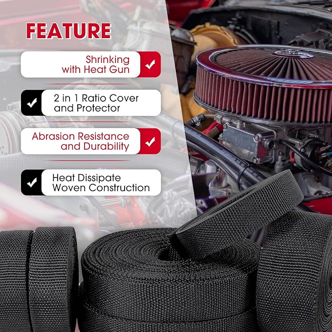 Black 2:1 Ratio Automotive Heat Shrink Braided Sleeving,Wear-Resistant Flat Woven Shrinkable Sleeve Fabric Car Cable Wires Hoses Protection (1"-35ft)
