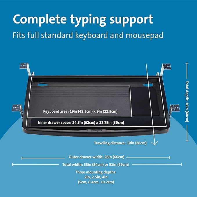 Kensington Keyboard Tray Under Desk, SmartFit Ergonomic Slide-Out Keyboard Drawer with Cable Management, Extra-Wide Height Adjustable Keyboard Holder, 24.5" x 11.75", Black K60004US