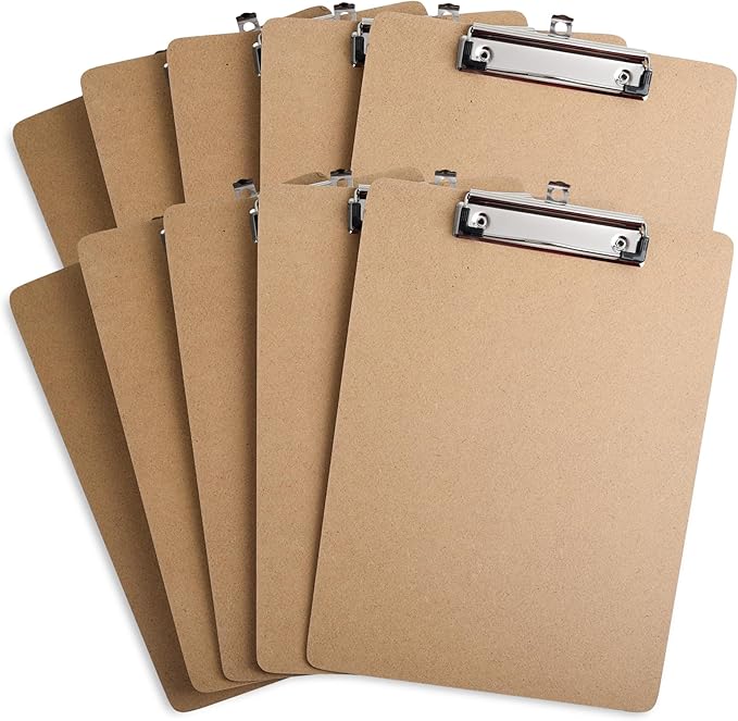 Uzant Clipboards 10 Pack Letter & A4 Size, 9" x 12.5" & 8.5" x 11" Wooden Hardboard Clipboards with Low Profile Clip, Hanging Loop for Office, Home & Classroom