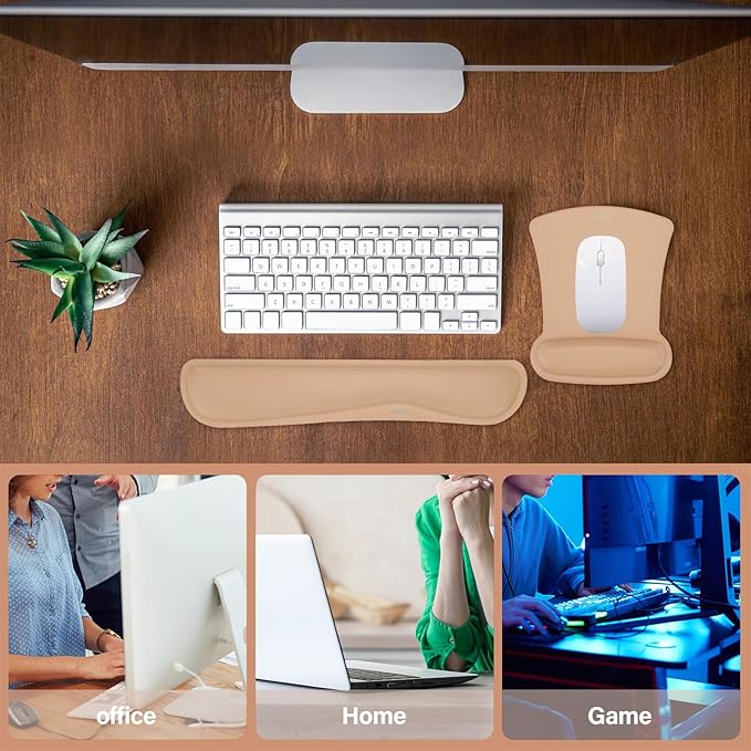 MOSISO Wrist Rest Support for Mouse Pad & Keyboard Set, Ergonomic Mousepad Non-Slip Base Home/Office Pain Relief & Easy Typing Cushion with Neoprene Cloth & Raised Memory Foam, Mocha