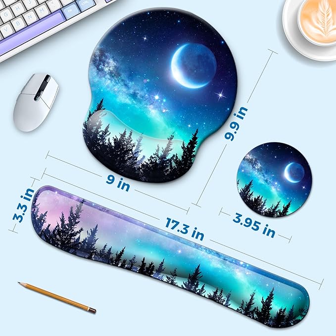 Mouse Pad and Keyboard Wrist Rest Support, with Non-Slip PU Base,Gel Mouse Pad with Coaster,Pain Relief for Gaming, Computer,Office -Forest Moon
