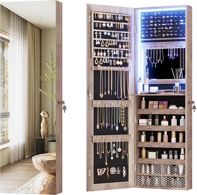 Vlsrka 47.2 Inch Full Length Mirror with Storage, Wall Mount Mirror Jewelry Cabinet, Over The Door Hanging Jewelry Armoire Organizer, Built-in Light, 4 Drawers, 5 Shelves, Christmas Gift (Wood)