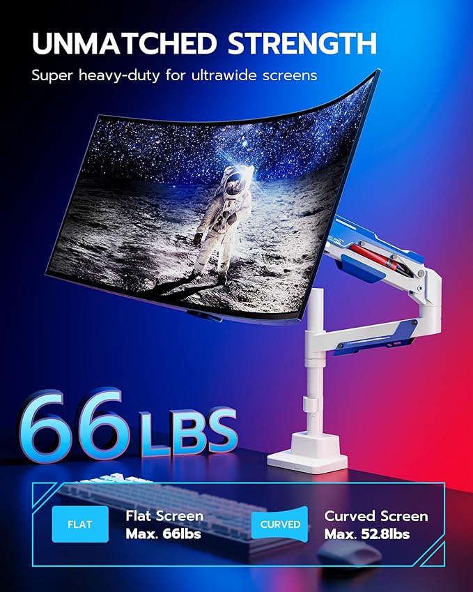 ARES WING CoreArm Single Monitor Mount, Ultrawide Monitor Arm for 24 to 57'' Heavy Duty Curved Screen, Adjustable Gas Spring Monitors Arm Stand up to 66LBS with 75/100/200 Vesa Mount, White