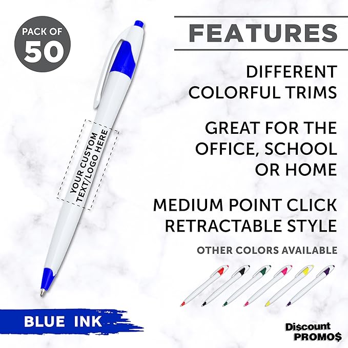DISCOUNT PROMOS Custom Slim Curvy Ballpoint Pens Set of 50, Personalized Bulk Pack - Blue Ink, Retractable, Great for Office, School, Tradeshows - Blue