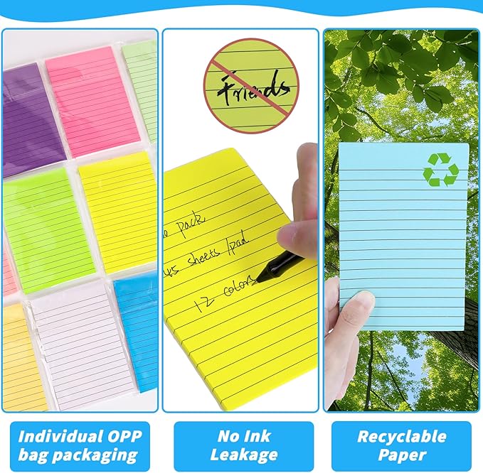 60 Pack Lined Sticky Notes Bulk 4 x 6 in Large Ruled Post Sticky Colorful Self-Stick Note Pads with Lines 12 Color Super Sticking Power Memo Pads 45 Sheets/pad for Office Home School Notebook Wall