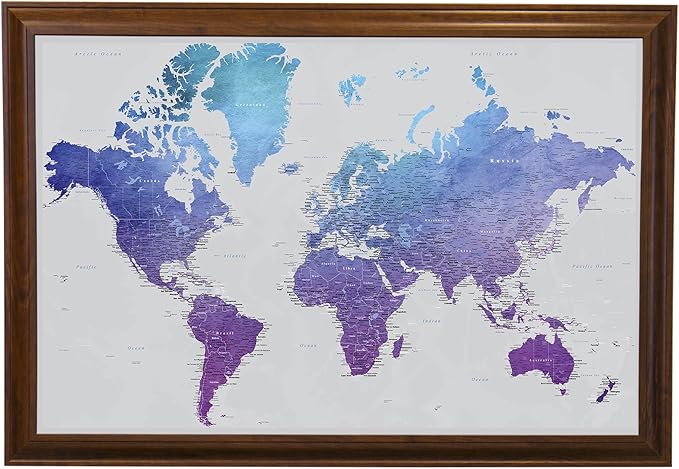 Push Pin Travel Maps - Vibrant Violet Watercolor World - Brown Frame Framed Pin Map for Tracking Your Travels - 27.5" x 39.5" - 8 Handcrafted Frame Options - Made in USA - Ideal for Any Traveler