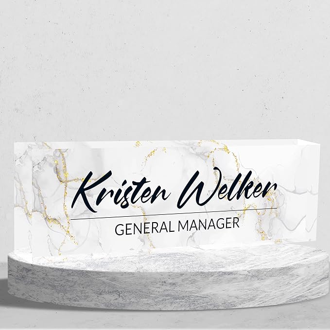 Personalized Desk Name Plate, Custom Acrylic Glass Name Plates for Desks, Office Desk Decor Nameplate, Desk Accessories, Teacher Boss Coworkers Employee Appreciation Gift (White Texture)