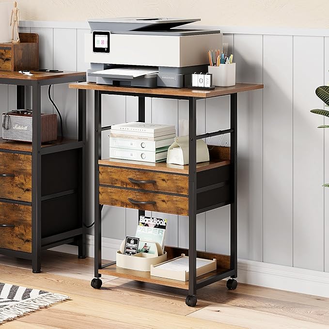 Large Printer Stand with Storage Fabric Drawer Under Desk Printer Table with Wheels for Home Office, Printer Cart fit Fax Machine Scanner (Rustic Brown, 3 Tiers)