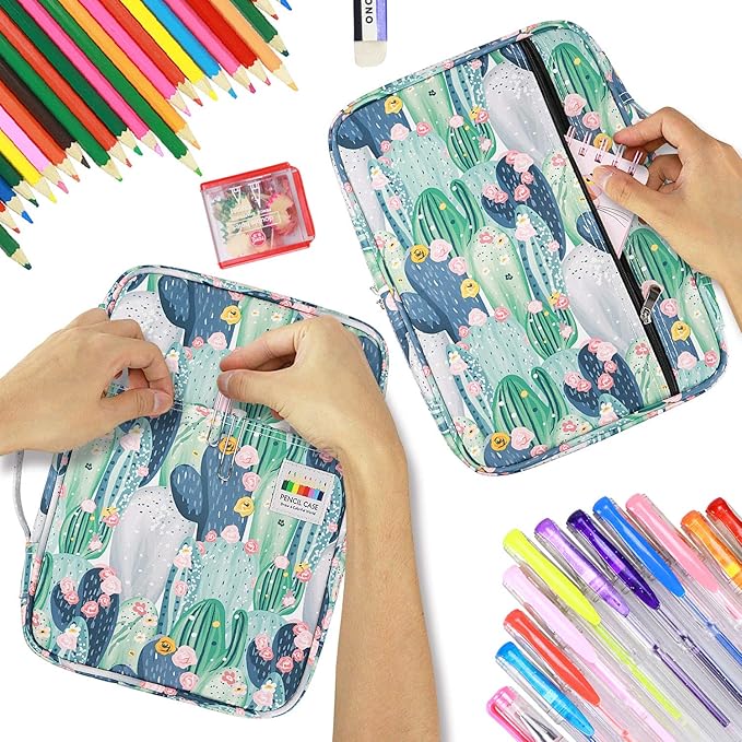 YOUSHARES Colored Pencil Case 220 Slots Pen Case Organizer With Handy Wrap & Zipper, Multilayer Holder for Prismacolor Colored Pencils & Gel Pen (Cactus)