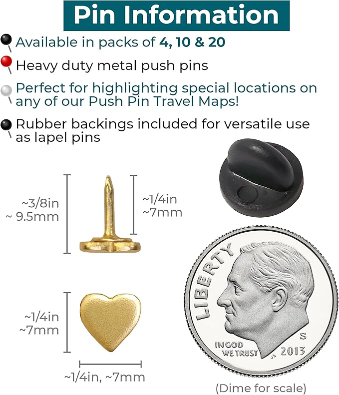 Mini Gold Heart Push Pins - Mini Gold Metal Heart Map Pins - for Cork Board, Maps, or Lapel Pin Use - Designed in USA - Set of 4