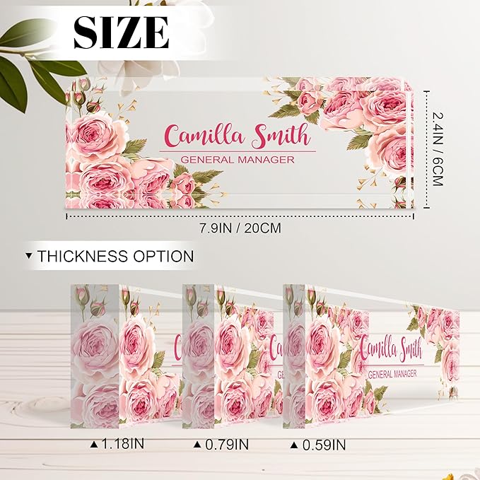 Personalized Name Plate for Desk, Custom Acrylic Desk Name Sign, Office Appreciation Gifts for Women Men Coworkers Boss Teacher Employee (Pink Rose)