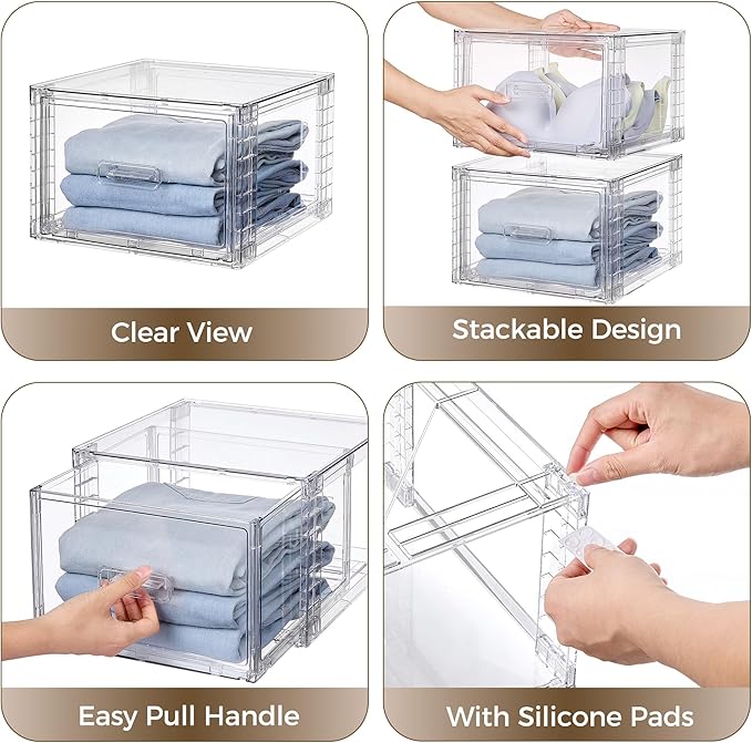 Vtopmart 2 Pack 18QT Clear Stackable Storage Drawers,Easily Assemble Closet Organizers,Plastic Storage Bins for Bathroom,Cabinet,Kitchen Pantry,Under Sink Organization(Medium)
